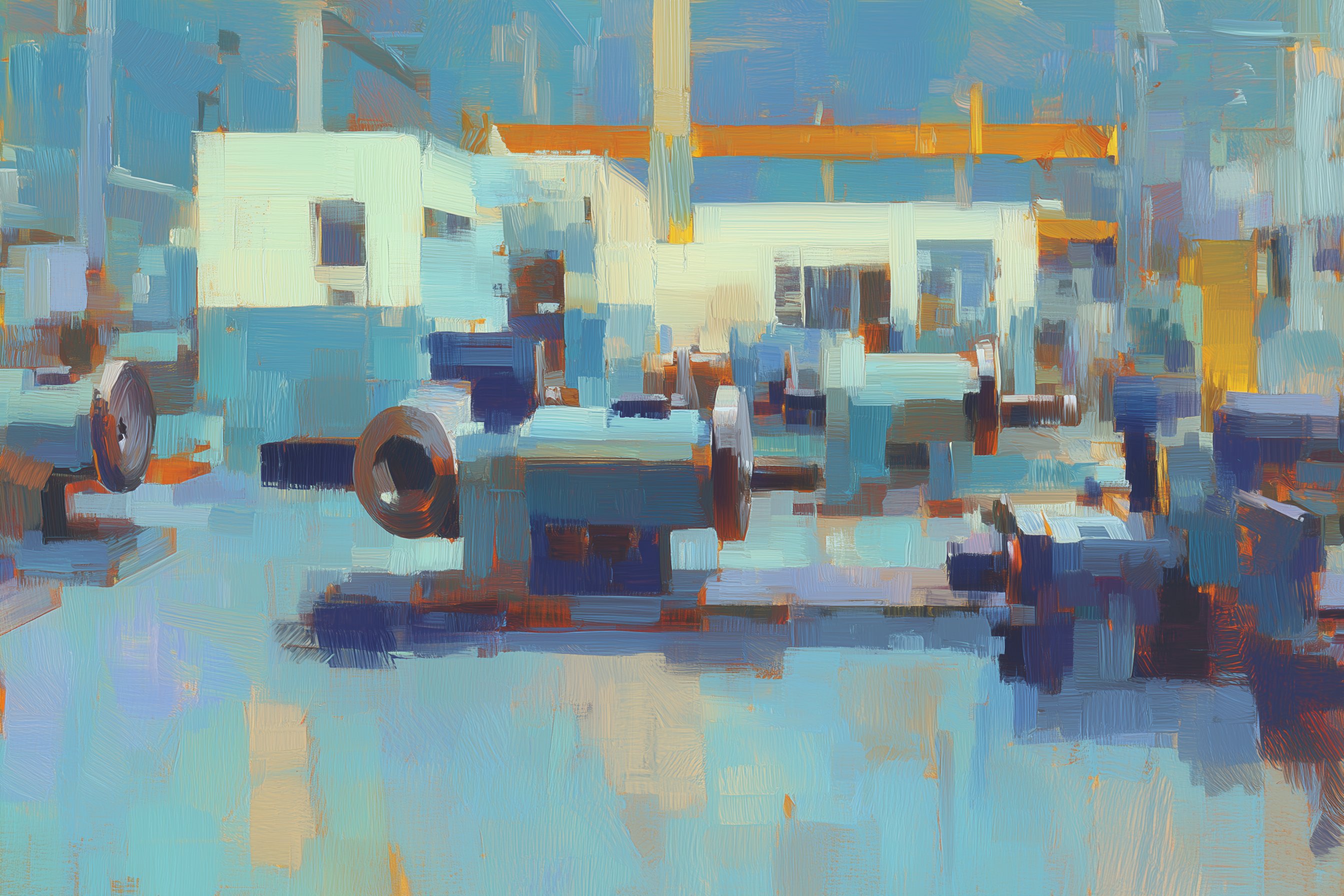 Oil painting of an assembly production line with heavy machinery and an overhead crane in blue tones