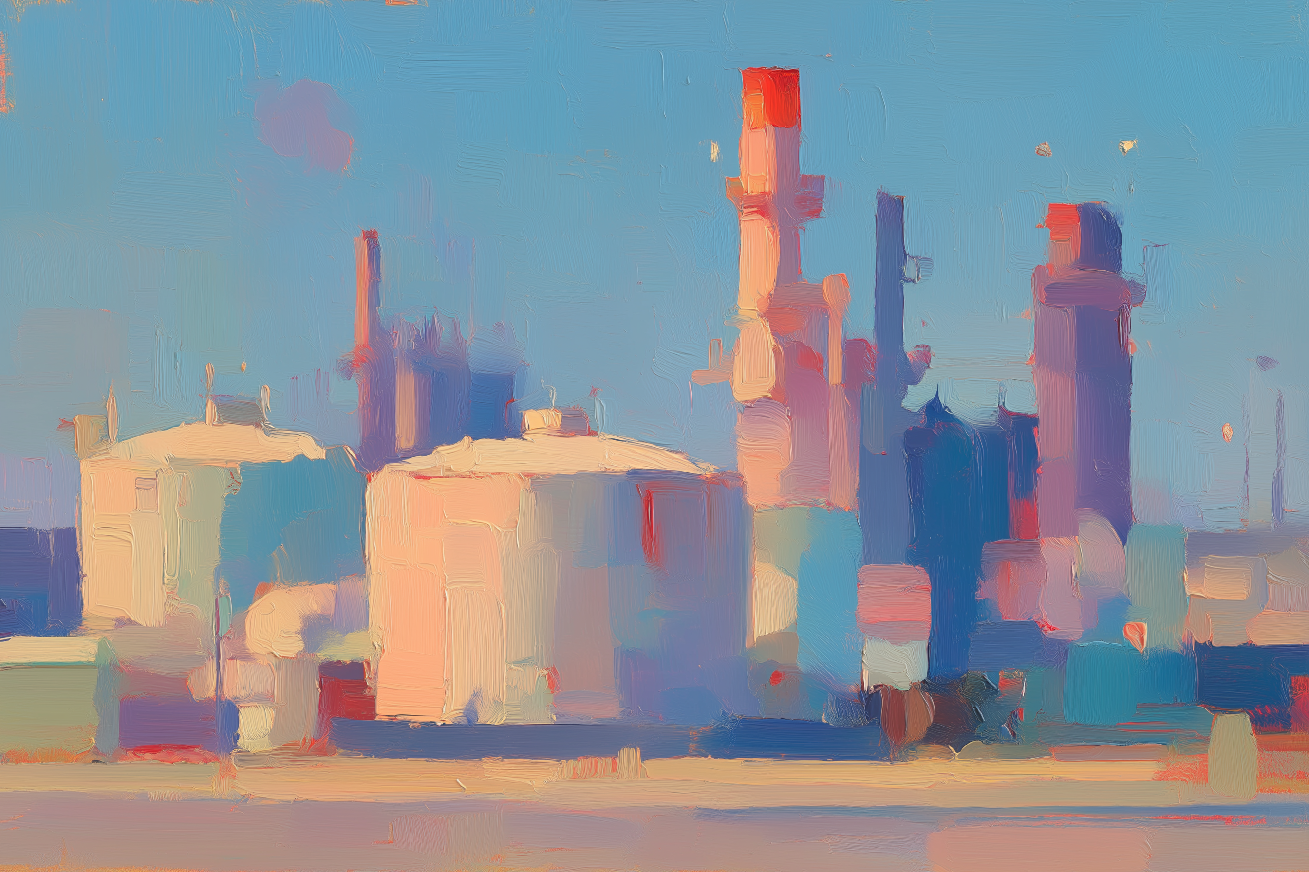 Oil painting of industrial storage tanks and chimneys at a chemical plant against a blue sky