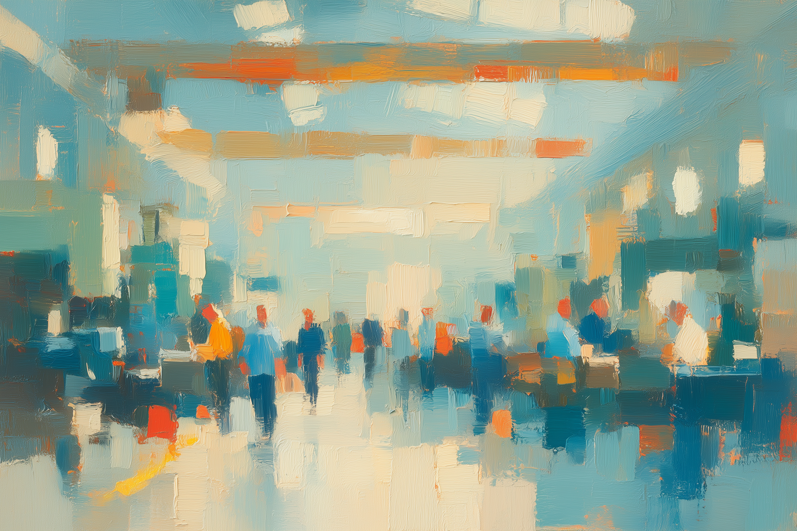 Oil painting of workers walking through a brightly lit factory floor during a gemba walk