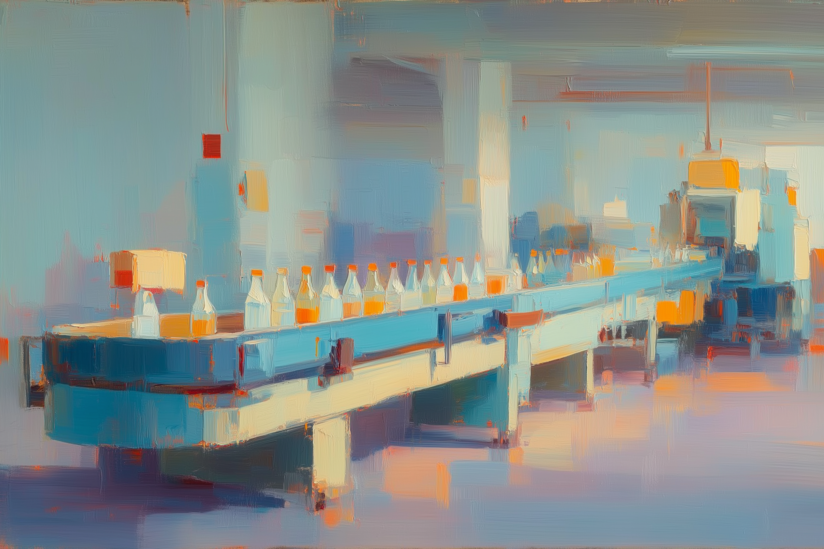 Oil painting of a conveyor belt carrying bottles through a bright industrial production facility