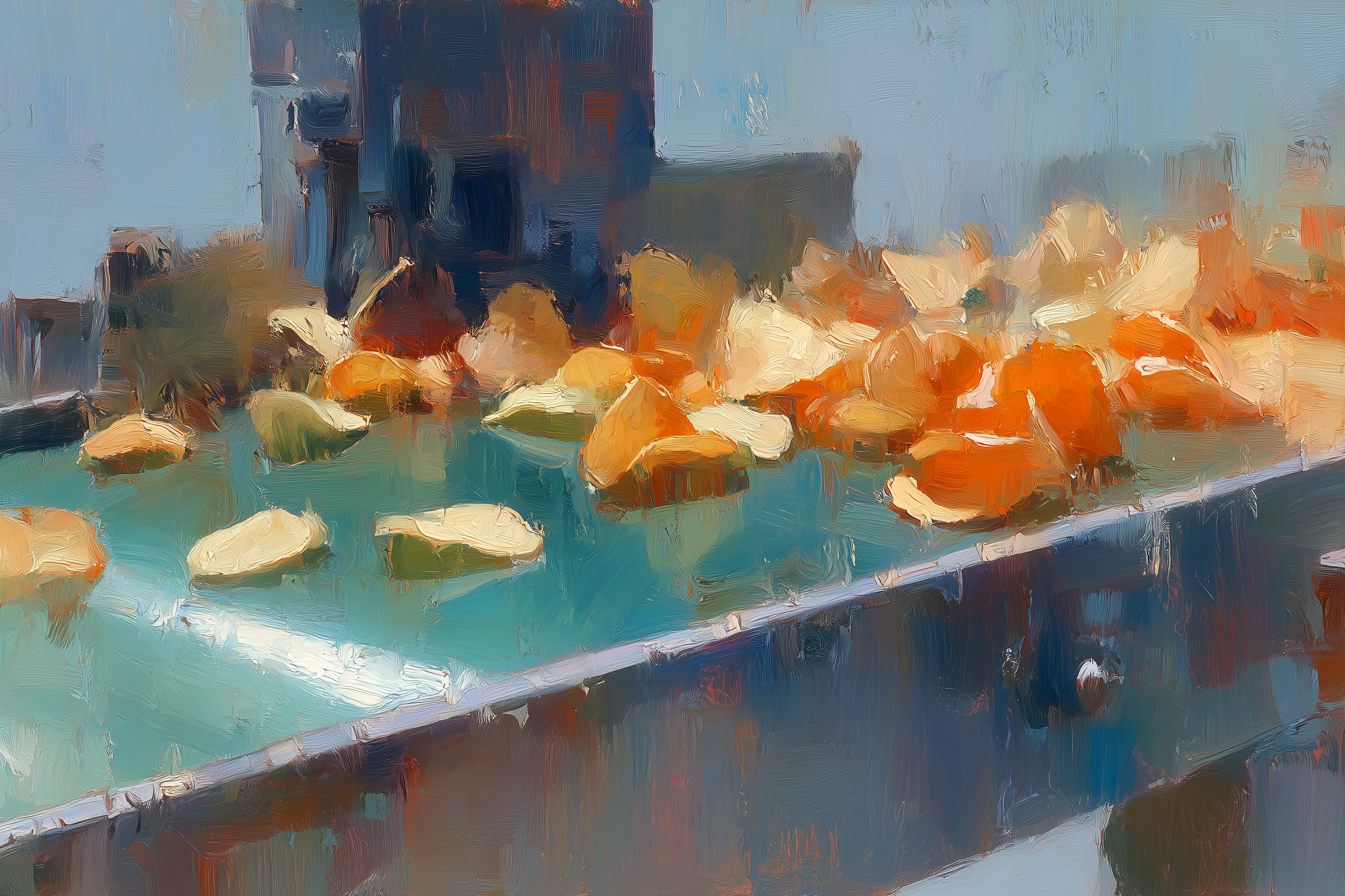 Painterly illustration of pasta tubes on an industrial conveyor belt in a food production facility