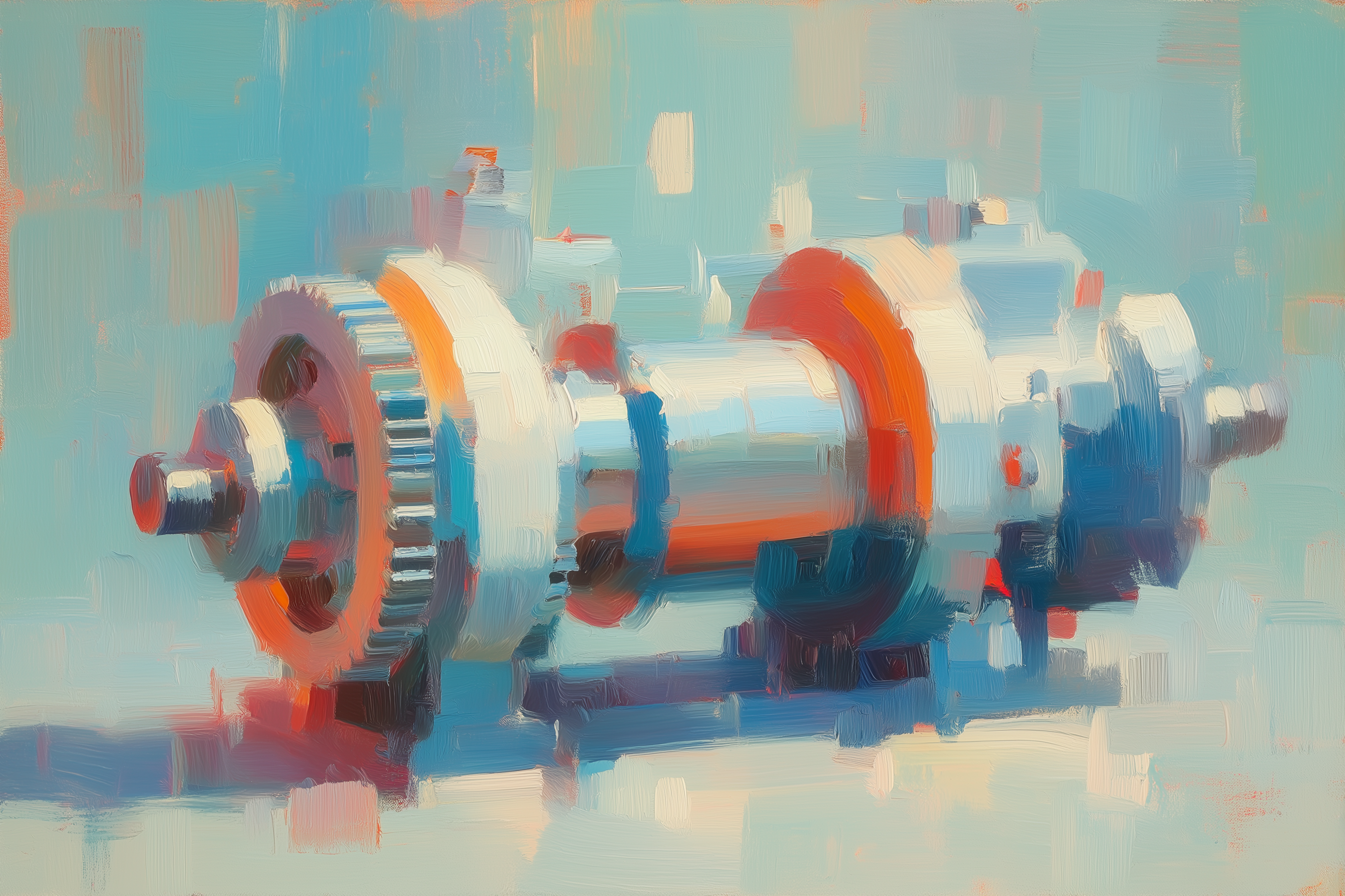 Painting of an industrial mechanical part with gears and flanges in pastel tones