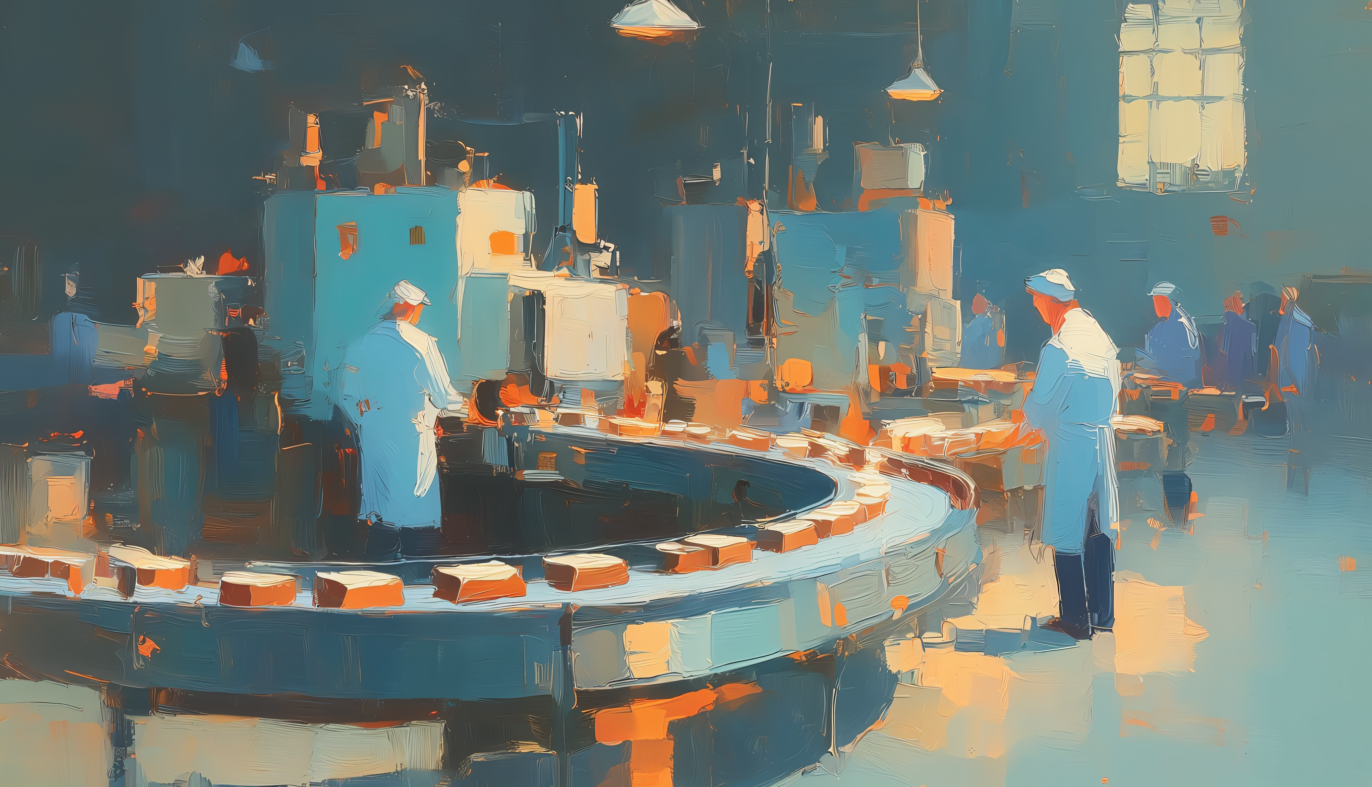 Oil painting of workers in white coats operating a curved production line in a factory hall
