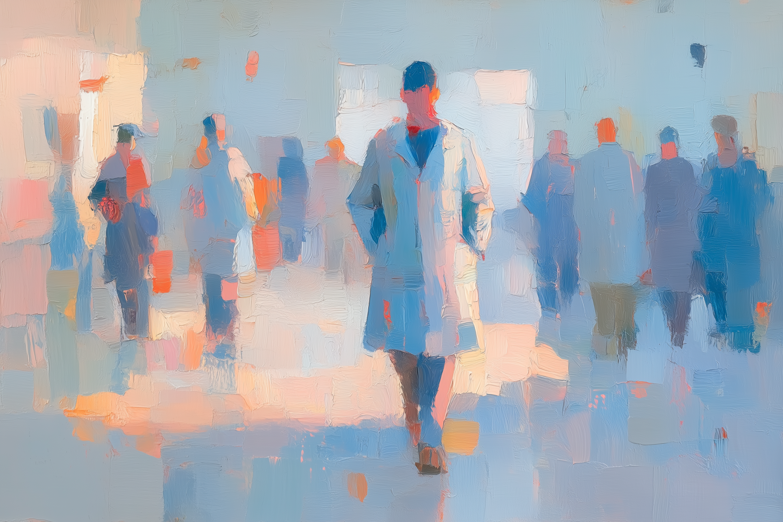 Oil painting of a person in a lab coat walking among colleagues in a bright, modern workplace