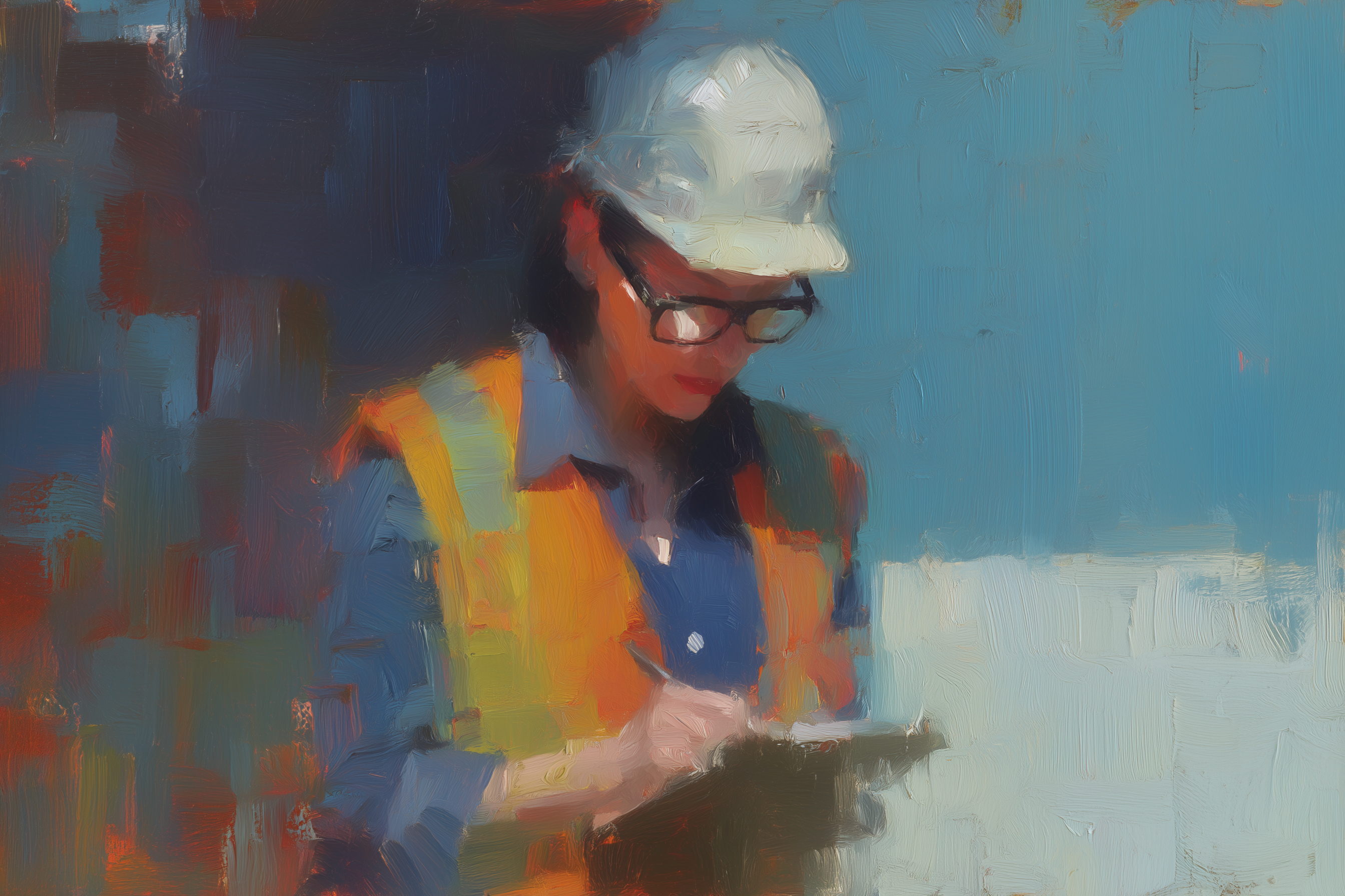 Oil painting of a woman in a hard hat and safety vest writing notes on a clipboard