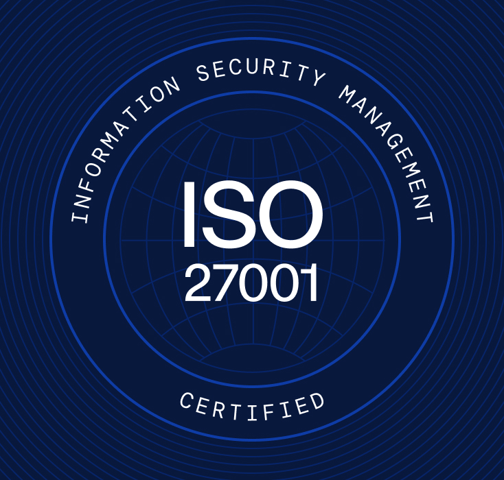 ISO 27001 Information Security Management Certified badge on dark blue background