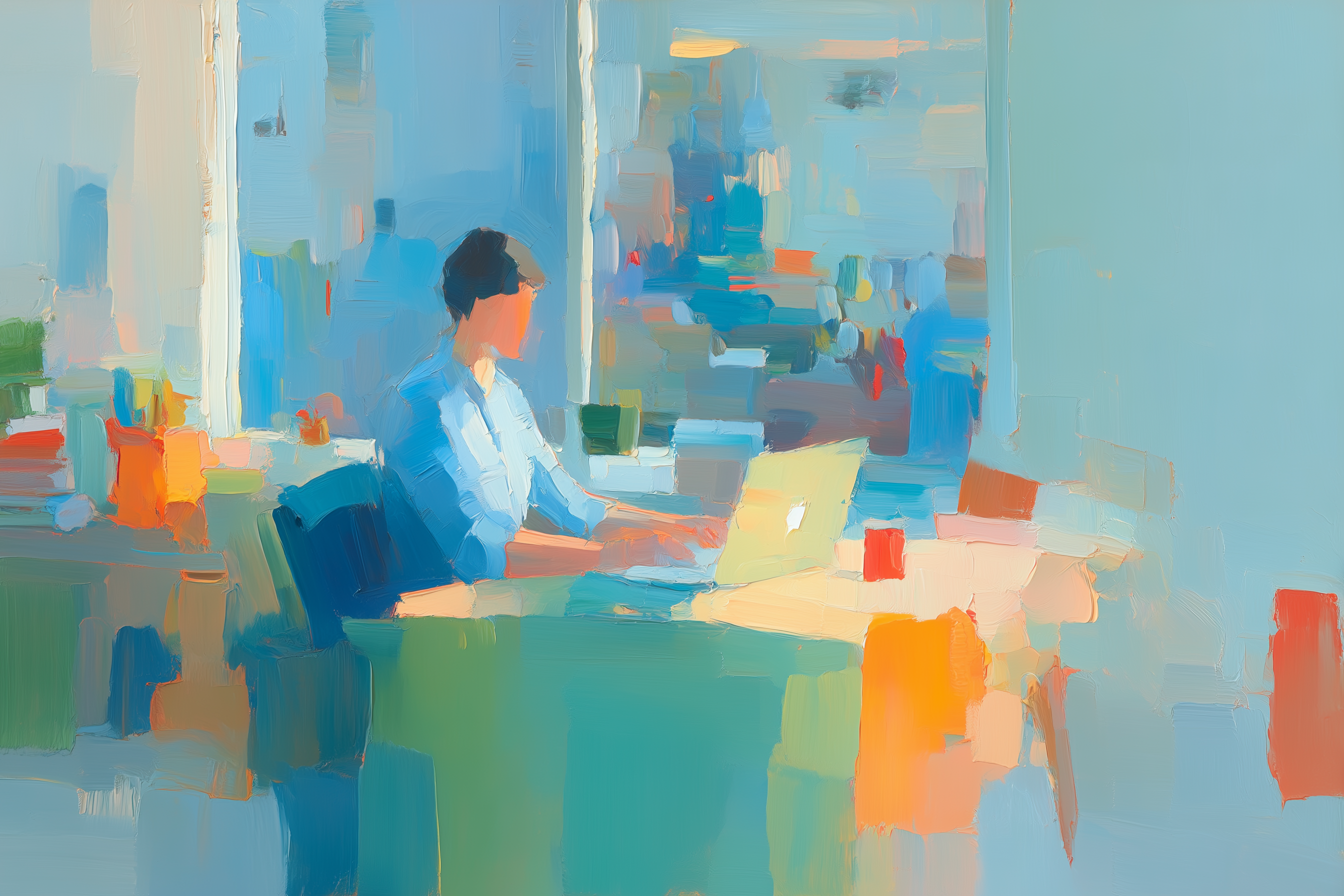 Oil painting of a person working on a laptop at a colorful office desk bathed in natural light