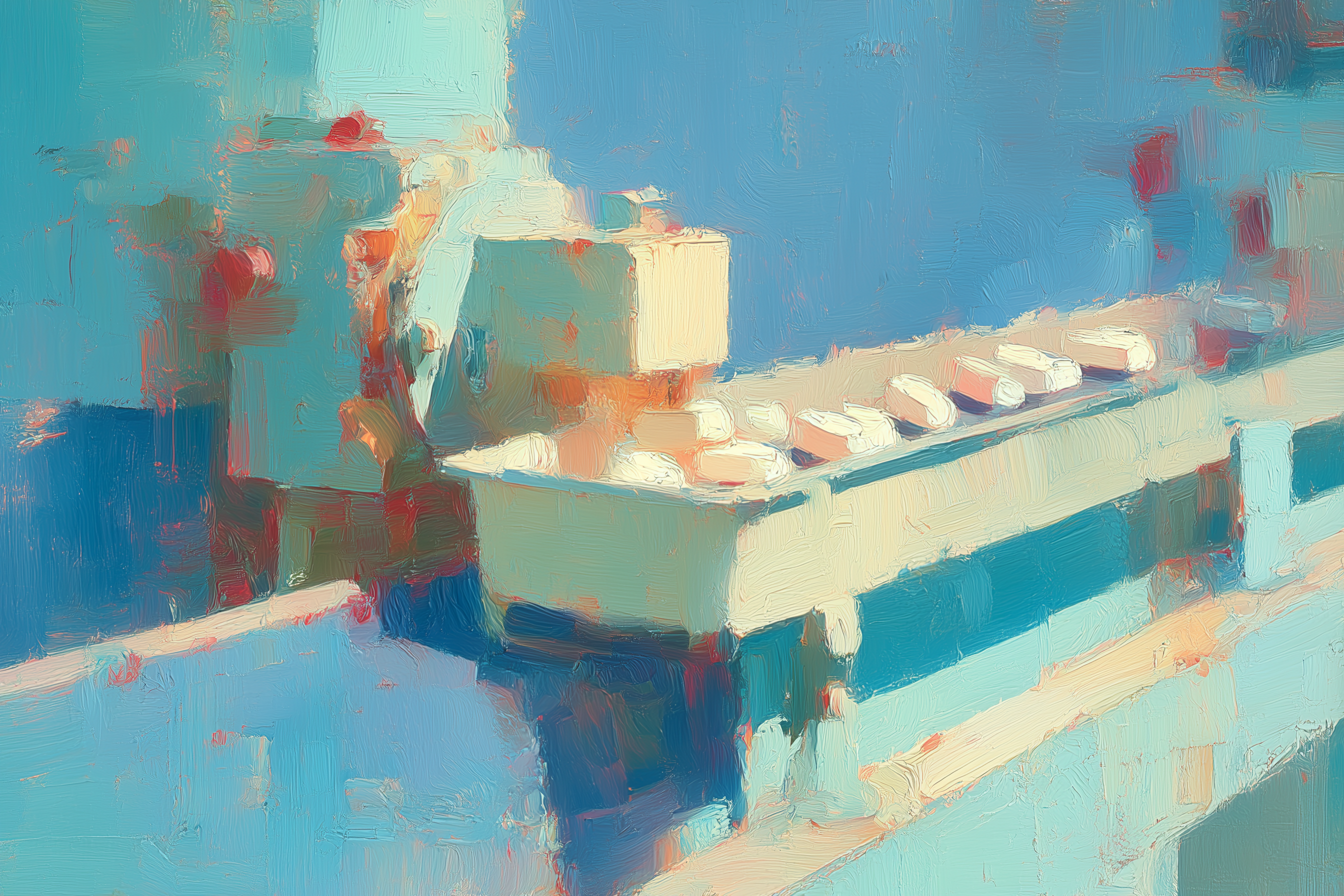 Oil painting of a close-up of a small production line conveyor belt with white items in turquoise tones