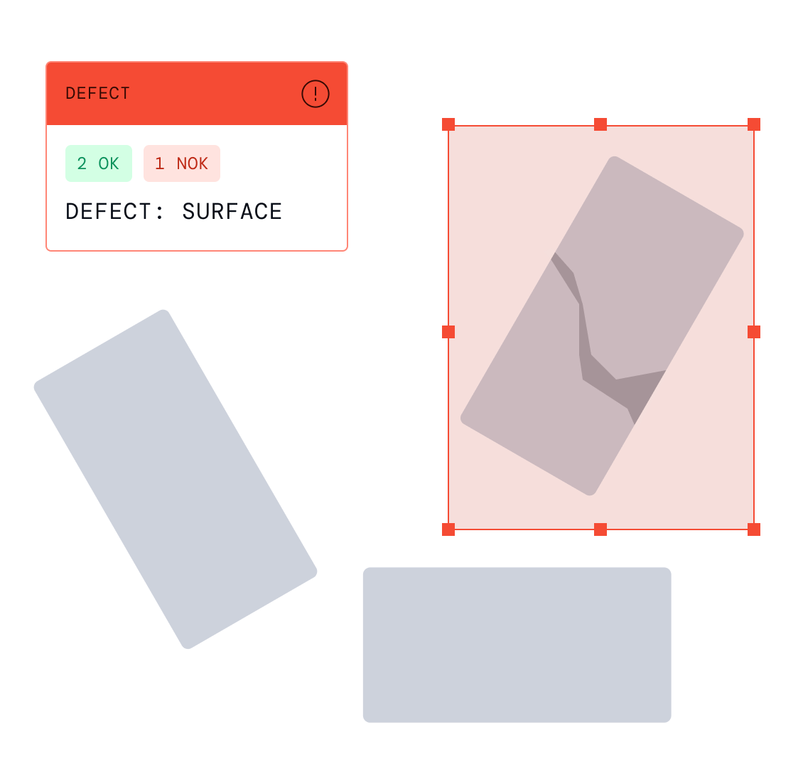 Visual inspection interface highlighting a surface defect with OK and NOK classification results