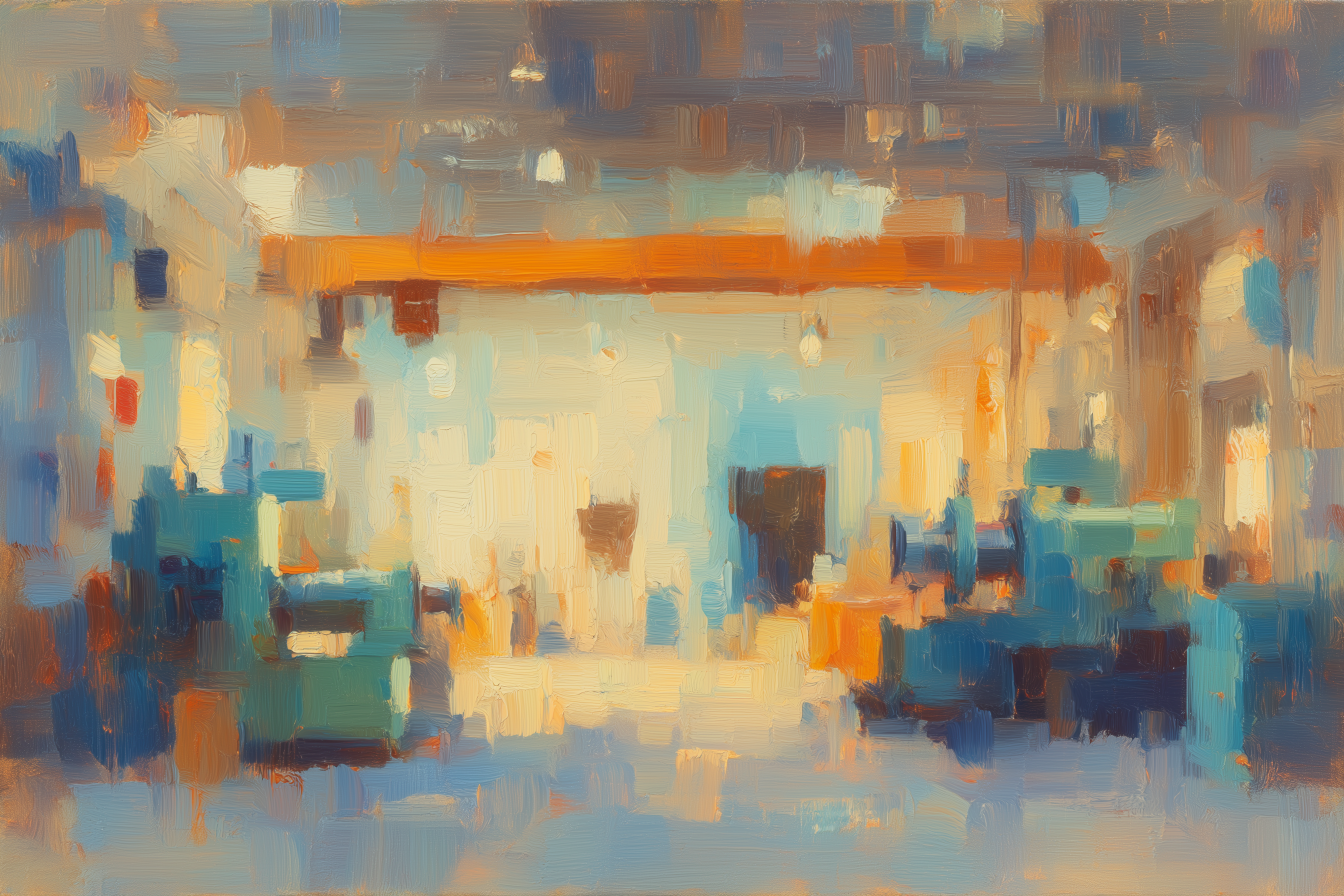 Oil painting of a warmly lit factory interior with industrial equipment in blue and orange tones