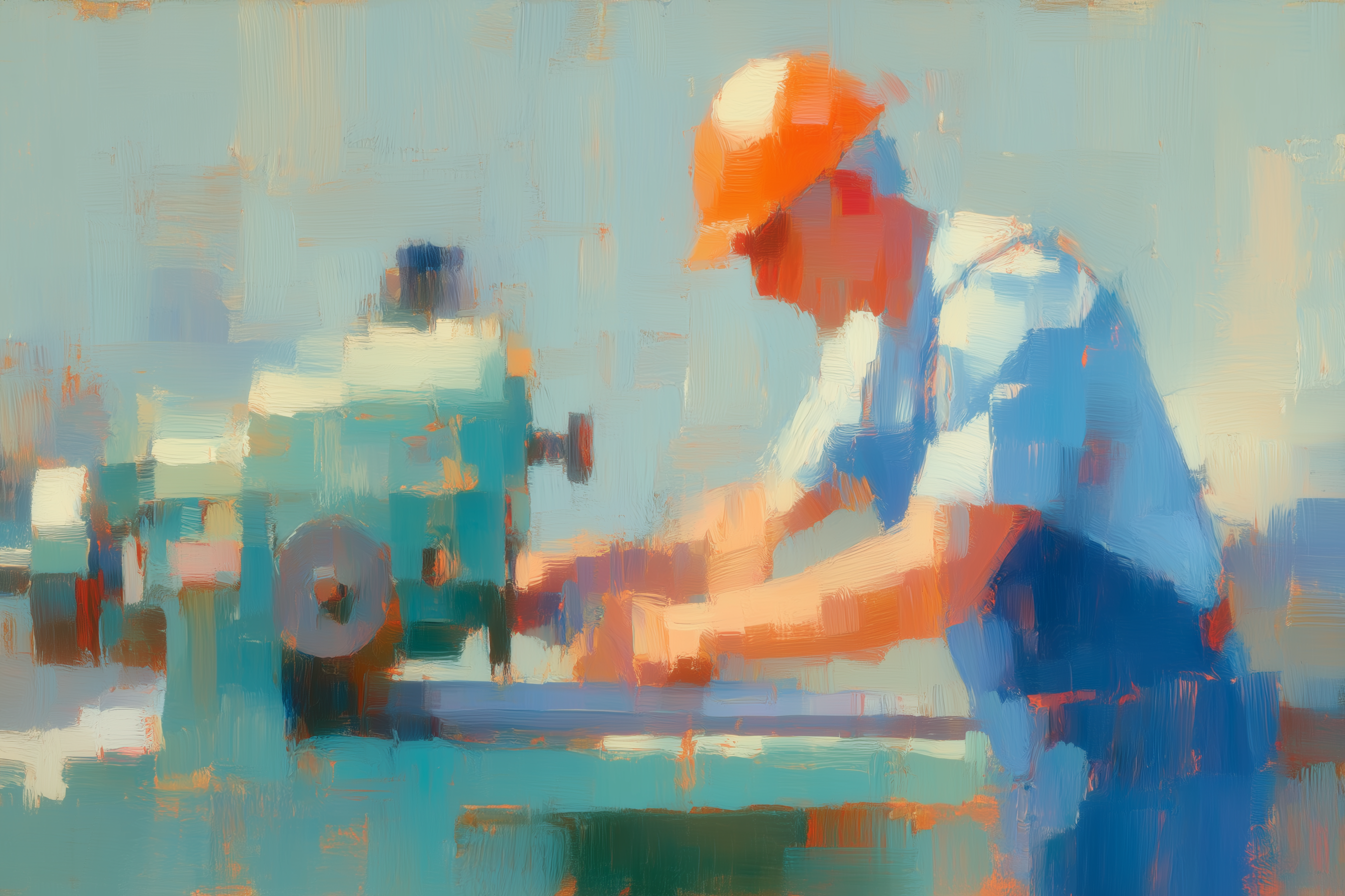 Oil painting of a worker in blue overalls and an orange helmet operating industrial machinery
