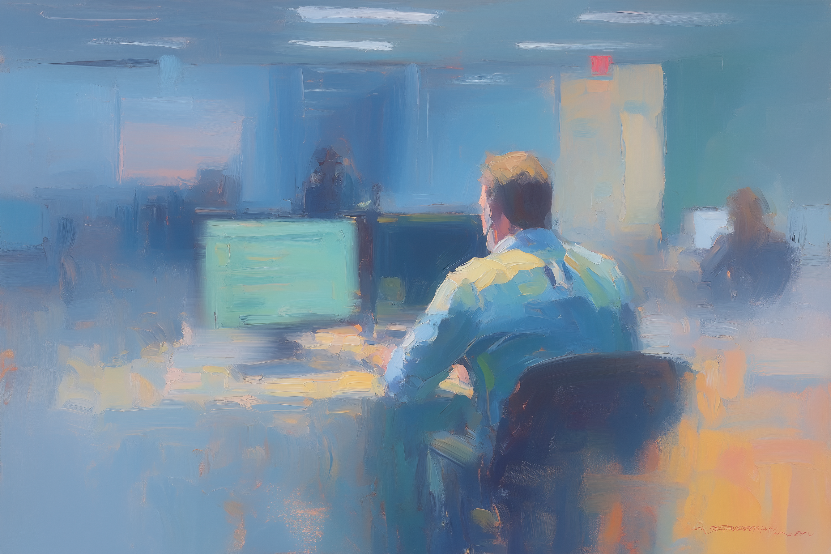 Oil painting of a man seen from behind working at a computer monitor in a blue-toned office