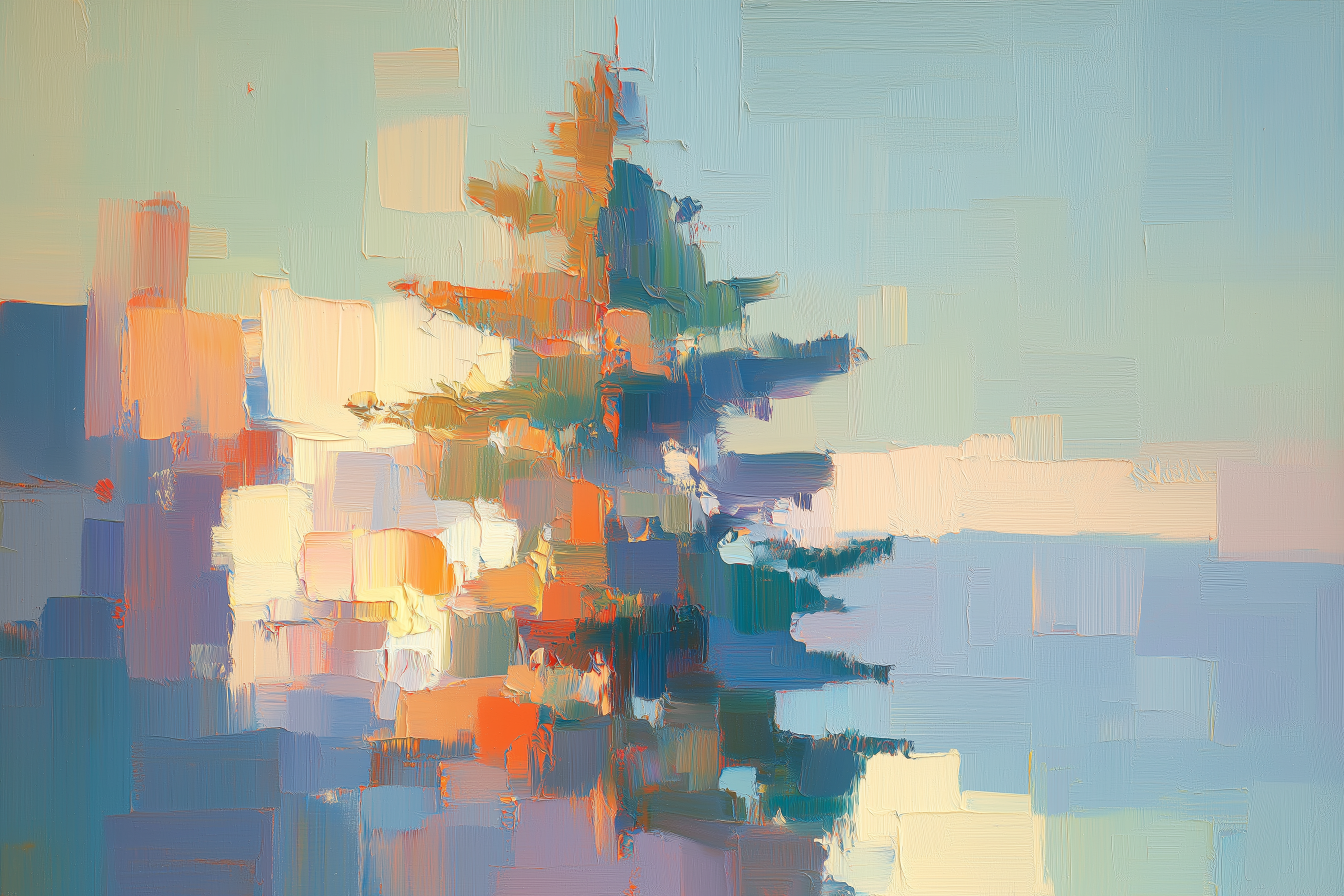 Oil painting of an abstract close-up of a pine tree with warm and cool brushstrokes against a pale sky