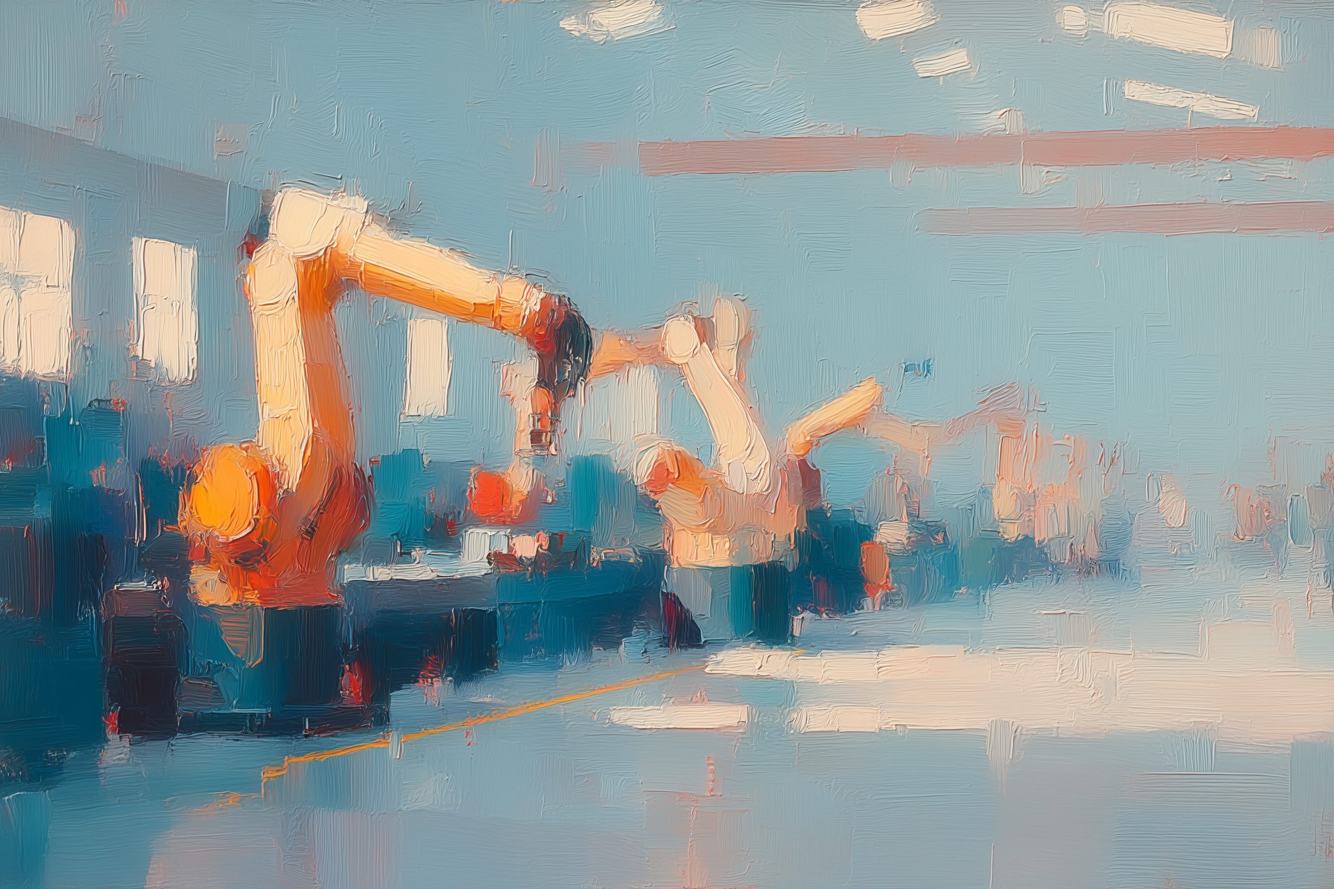 Oil painting of robotic arms on a factory production line in warm and cool tones